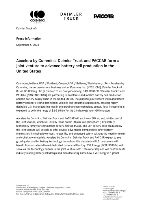 Accelera by Cummins, Daimler Truck and PACCAR form a joint venture to advance battery cell production in the United States