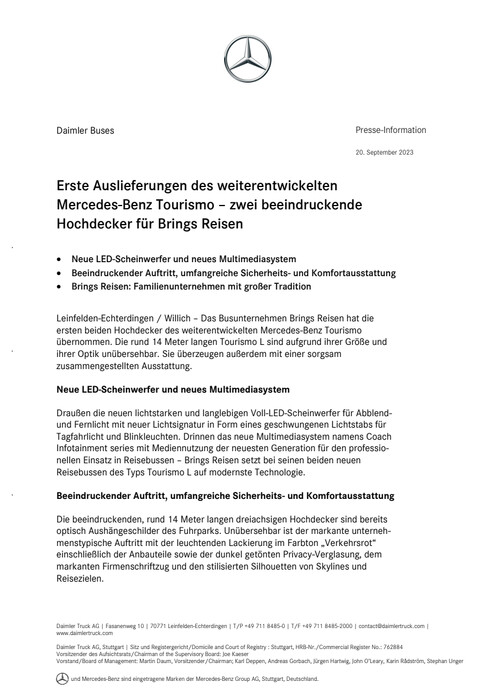 Erste Auslieferungen des weiterentwickelten Mercedes-Benz Tourismo – zwei beeindruckende Hochdecker für Brings Reisen