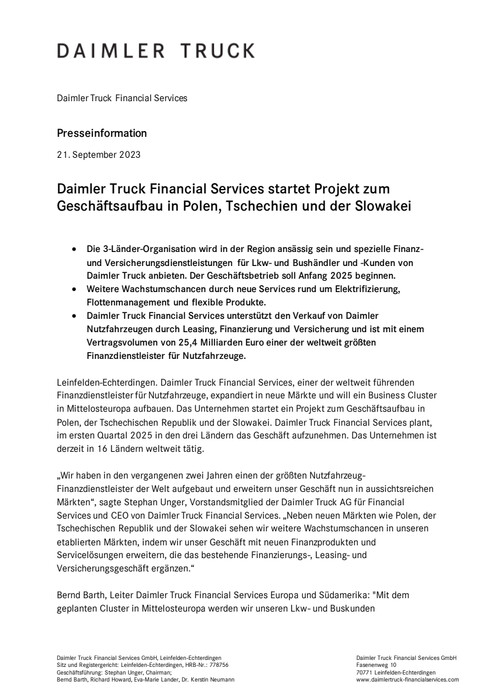 Daimler Truck Financial Services startet Projekt zum Geschäftsaufbau in Polen, Tschechien und der Slowakei