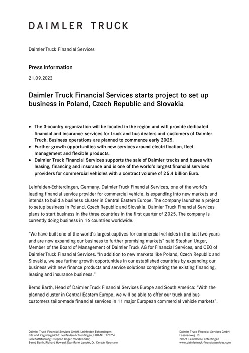 Daimler Truck Financial Services starts project to set up business in Poland, Czech Republic and Slovakia