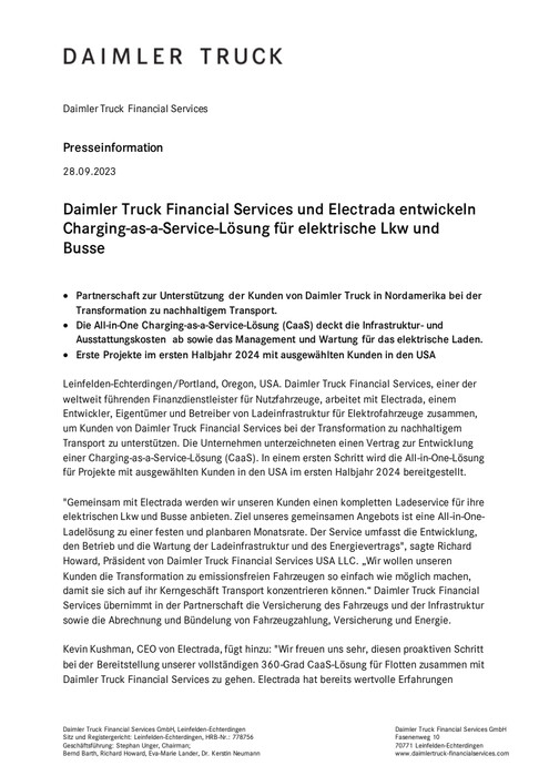 Daimler Truck Financial Services und Electrada entwickeln Charging-as-a-Service-Lösung für elektrische Lkw und Busse
