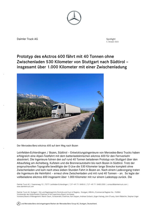 Prototyp des eActros 600 fährt mit 40 Tonnen ohne Zwischenladen 530 Kilometer von Stuttgart nach Südtirol – insgesamt über 1.000 Kilometer mit einer Zwischenladung