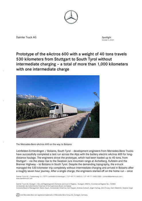 Prototype of the eActros 600 with a weight of 40 tons travels 530 kilometers from Stuttgart to South Tyrol without intermediate charging – a total of more than 1,000 kilometers with one intermediate charge