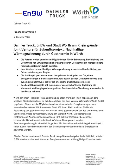 Daimler Truck, EnBW und Stadt Wörth am Rhein gründen Joint Venture für Zukunftsprojekt: Nachhaltige Wärmegewinnung durch Geothermie in Wörth