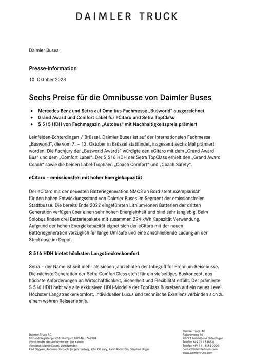 Sechs Preise für die Omnibusse von Daimler Buses