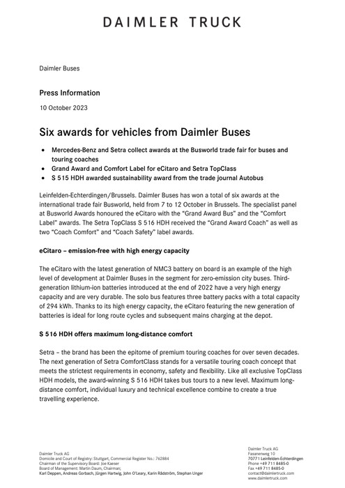 Six awards for vehicles from Daimler Buses