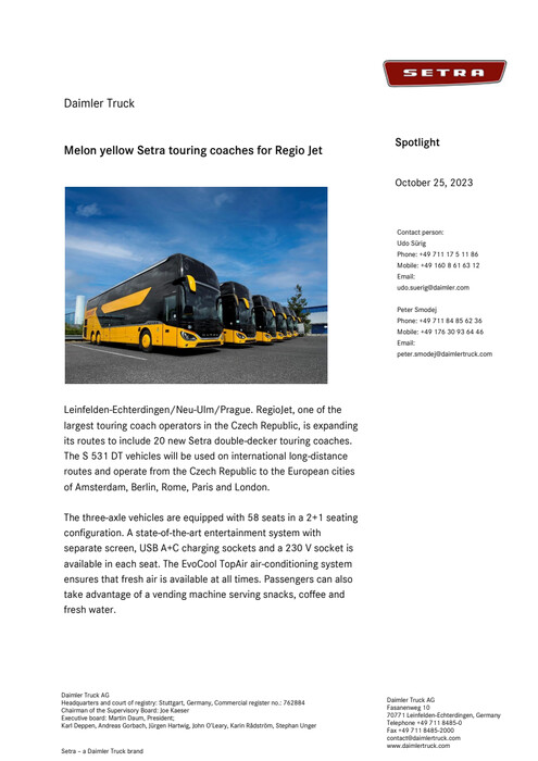 Melon yellow Setra touring coaches for Regio Jet