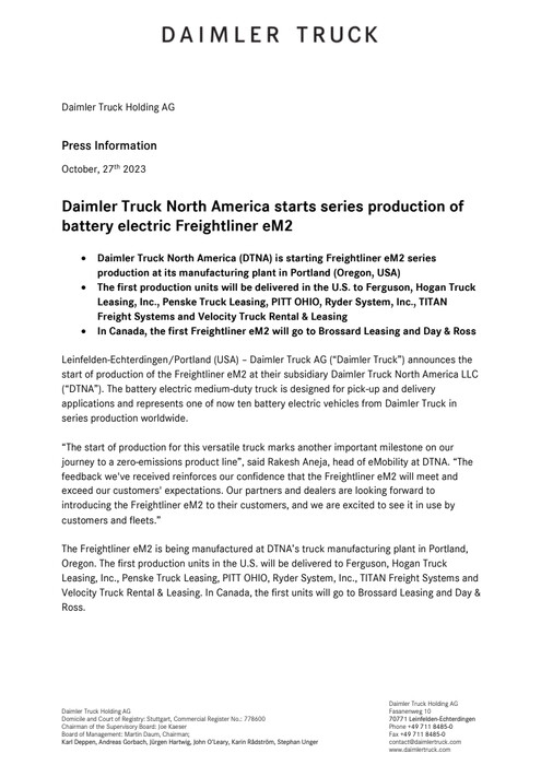 Daimler Truck North America starts series production of battery electric Freightliner eM2