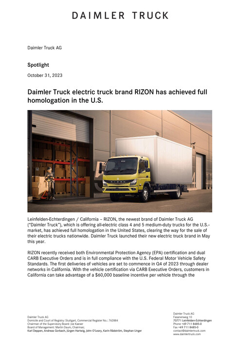 Daimler Truck electric truck brand RIZON has achieved full homologation in the U.S.