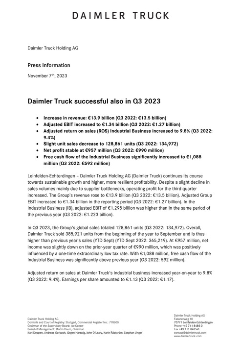 Daimler Truck successful also in Q3 2023