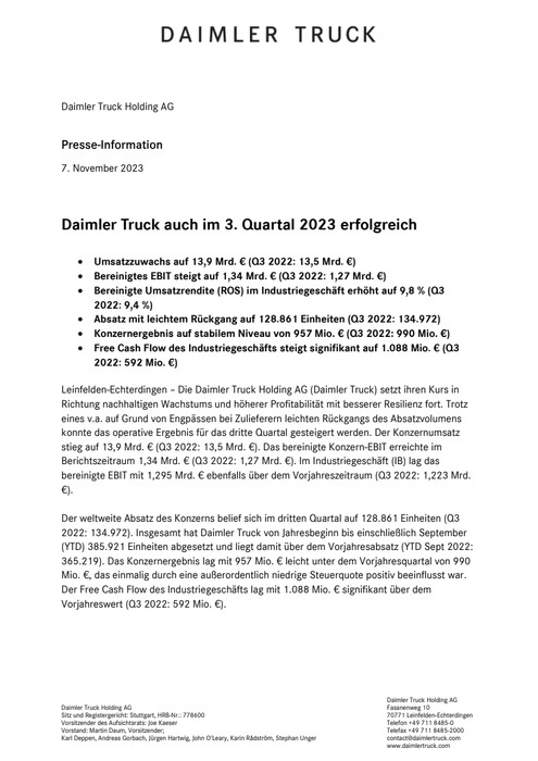 Daimler Truck auch im 3. Quartal 2023 erfolgreich