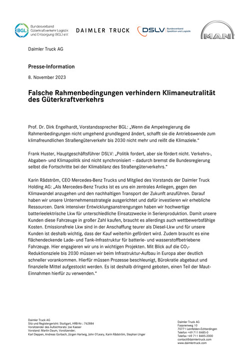Falsche Rahmenbedingungen verhindern Klimaneutralität des Güterkraftverkehrs
