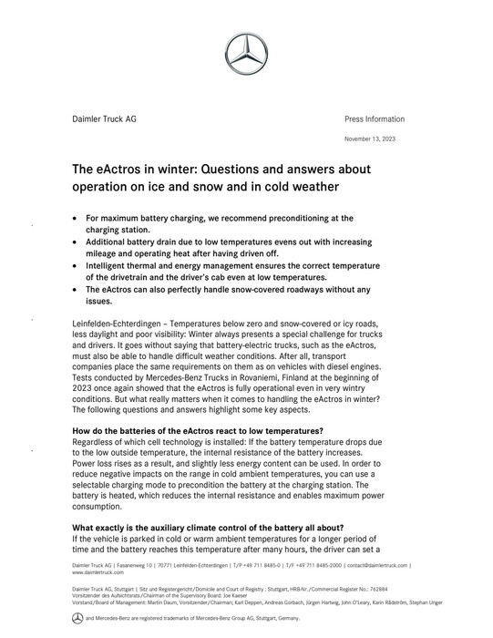 The eActros in winter: Questions and answers about operation on ice and snow and in cold weather