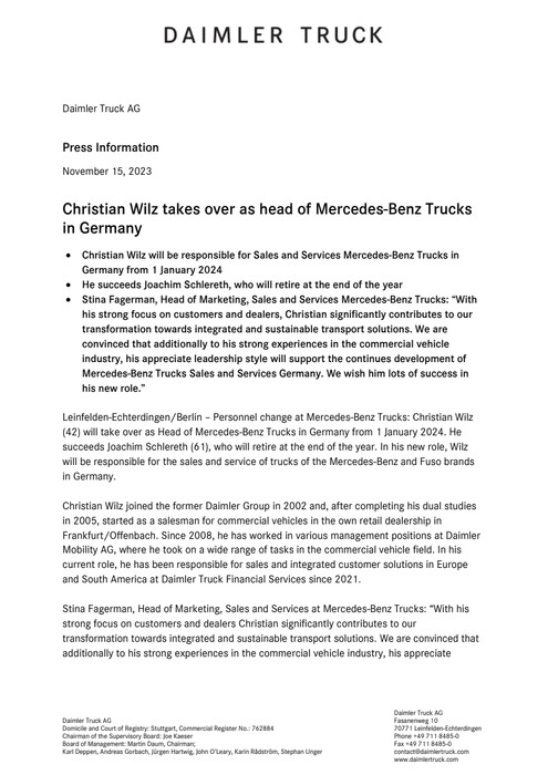 Christian Wilz takes over as head of Mercedes-Benz Trucks in Germany