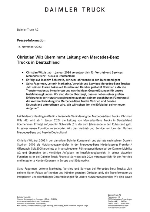 Christian Wilz übernimmt Leitung von Mercedes-Benz Trucks in Deutschland