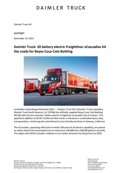 Daimler Truck: 20 battery electric Freightliner eCascadias hit the roads for Reyes Coca-Cola Bottling