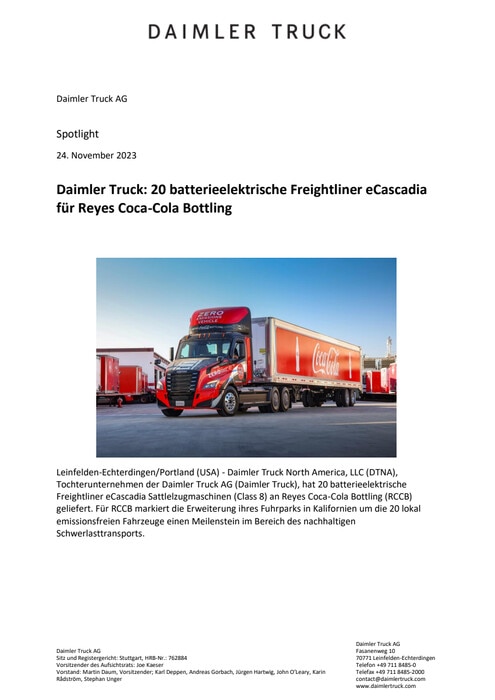 Daimler Truck: 20 batterieelektrische Freightliner eCascadia für Reyes Coca-Cola Bottling