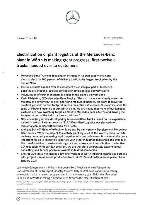 Electrification of plant logistics at the Mercedes-Benz plant in Wörth is making great progress: first twelve e-trucks handed over to customers