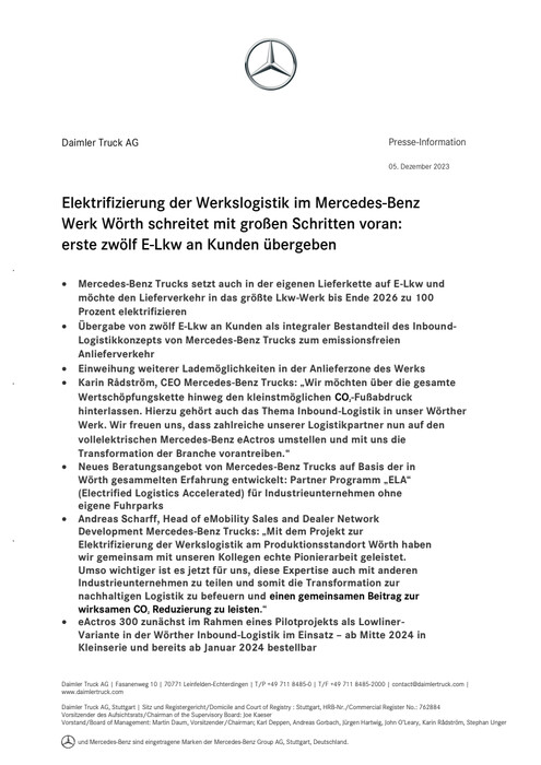 Elektrifizierung der Werkslogistik im Mercedes-Benz Werk Wörth schreitet mit großen Schritten voran: erste zwölf E-Lkw an Kunden übergeben