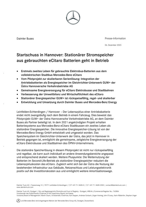 Startschuss in Hannover: Stationärer Stromspeicher aus gebrauchten eCitaro Batterien geht in Betrieb