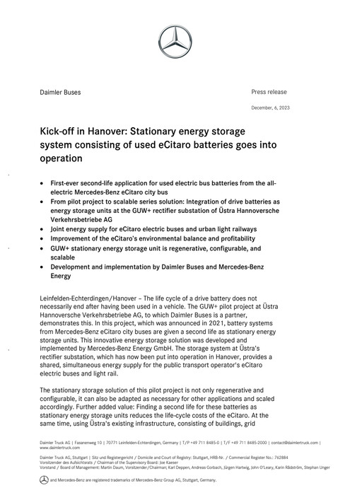Kick-off in Hanover: Stationary energy storage system consisting of used eCitaro batteries goes into operation