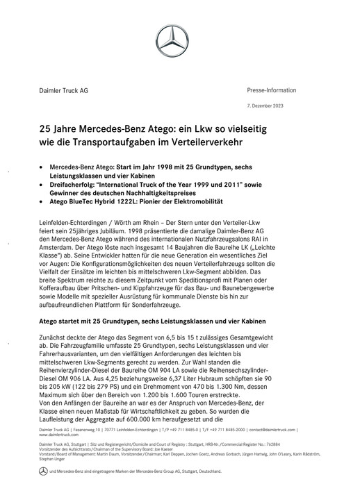 25 Jahre Mercedes-Benz Atego: ein Lkw so vielseitig wie die Transportaufgaben im Verteilerverkehr