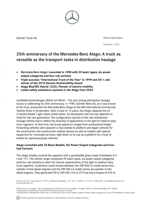 25th anniversary of the Mercedes-Benz Atego: A truck as versatile as the transport tasks in distribution haulage