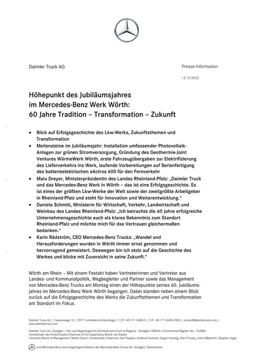 Höhepunkt des Jubiläumsjahres im Mercedes-Benz Werk Wörth: 60 Jahre Tradition – Transformation – Zukunft