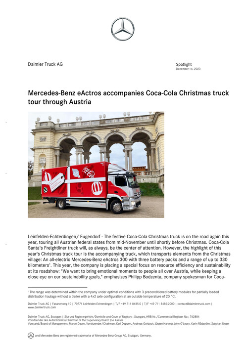 Mercedes-Benz eActros accompanies Coca-Cola Christmas truck tour through Austria