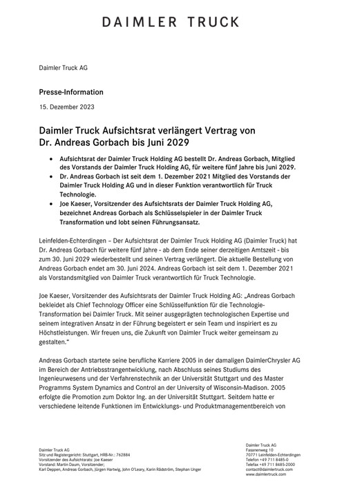 Daimler Truck Aufsichtsrat verlängert Vertrag von Dr. Andreas Gorbach bis Juni 2029