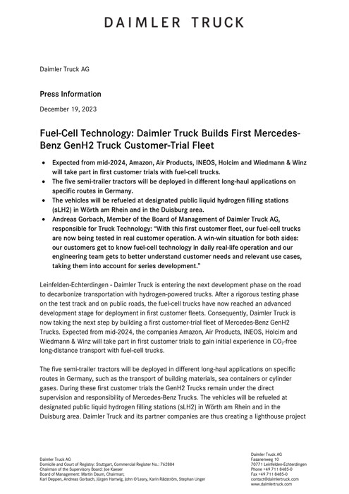 Fuel-Cell Technology: Daimler Truck Builds First Mercedes-Benz GenH2 Truck Customer-Trial Fleet
