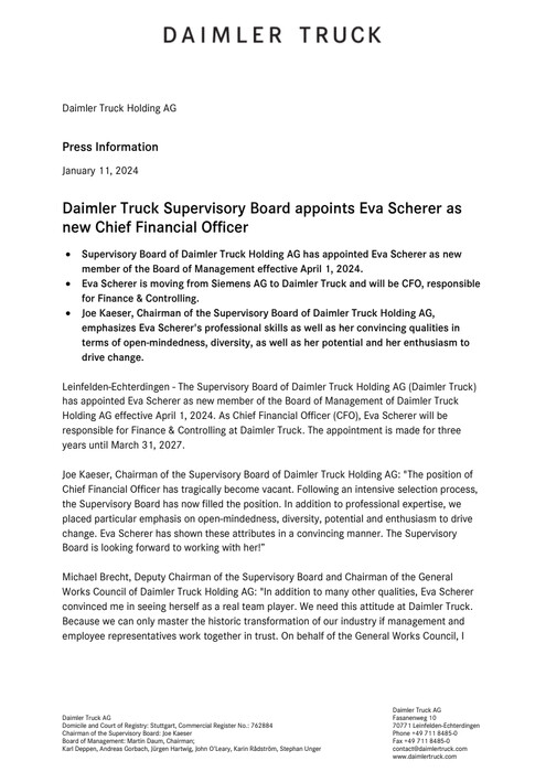 Daimler Truck Supervisory Board appoints Eva Scherer as new Chief Financial Officer