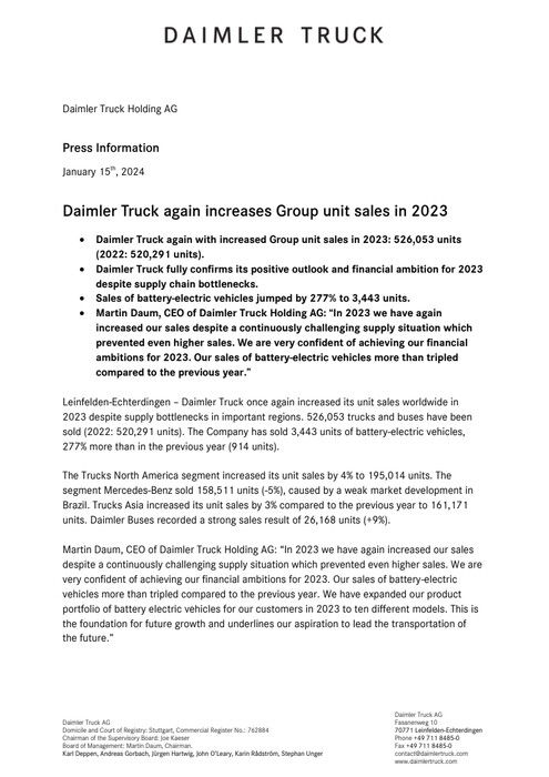 Daimler Truck again increases Group unit sales in 2023