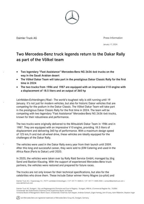 Two Mercedes-Benz truck legends return to the Dakar Rally as part of the Völkel team