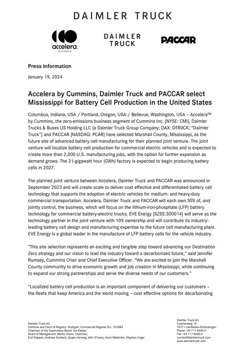 Accelera by Cummins, Daimler Truck and PACCAR select Mississippi for Battery Cell Production in the United States