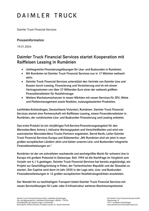 Daimler Truck Financial Services startet Kooperation mit Raiffeisen Leasing in Rumänien