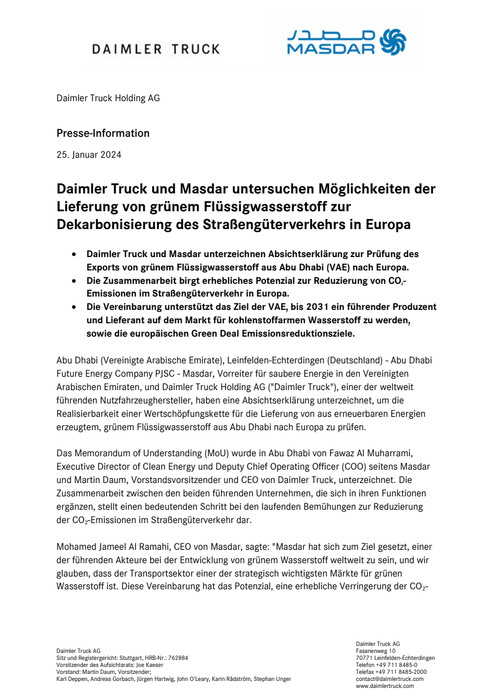 Daimler Truck und Masdar untersuchen Möglichkeiten der Lieferung von grünem Flüssigwasserstoff zur Dekarbonisierung des Straßengüterverkehrs in Europa