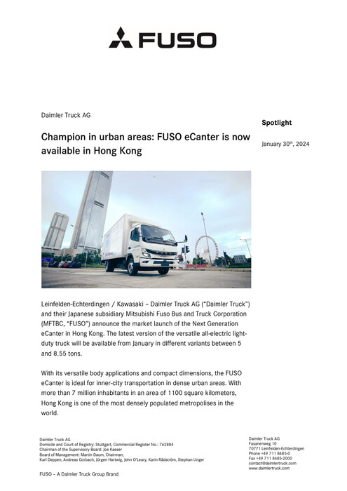Champion in urban areas: FUSO eCanter is now available in Hong Kong