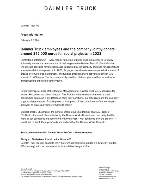 Daimler Truck employees and the company jointly donate around 345,000 euros for social projects in 2023