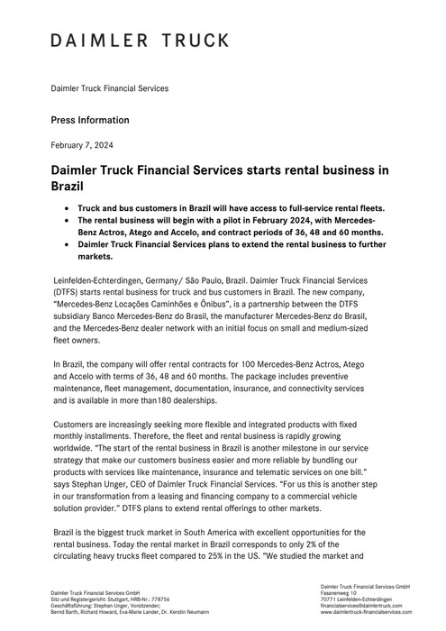 Daimler Truck Financial Services starts rental business in Brazil