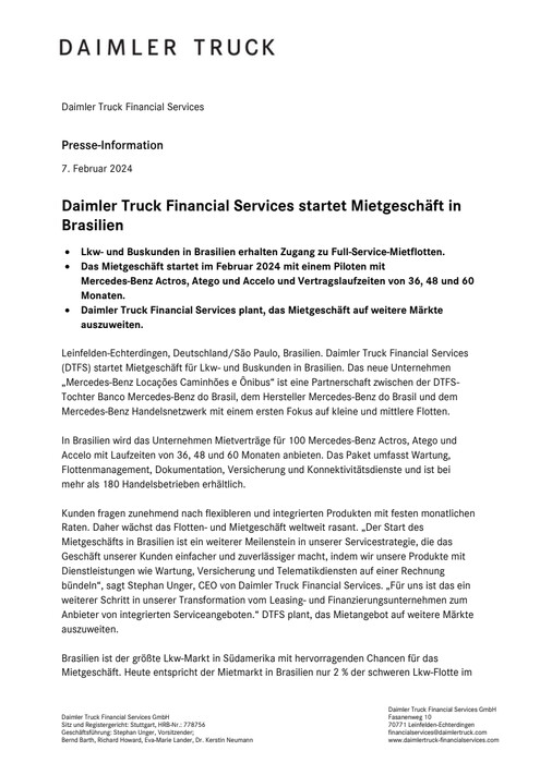 Daimler Truck Financial Services startet Mietgeschäft in Brasilien