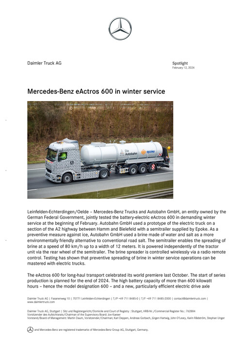 Mercedes-Benz eActros 600 in winter service