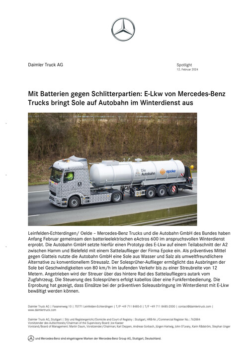 Mit Batterien gegen Schlitterpartien: E-Lkw von Mercedes-Benz Trucks bringt Sole auf Autobahn im Winterdienst aus