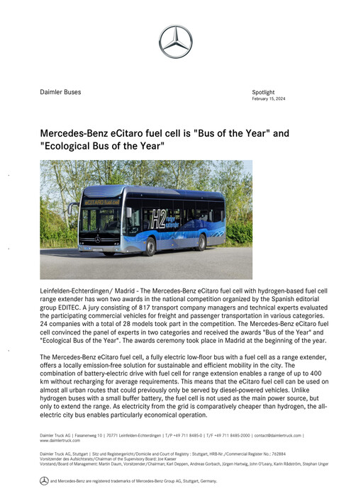 Mercedes-Benz eCitaro fuel cell is "Bus of the Year" and "Ecological Bus of the Year"