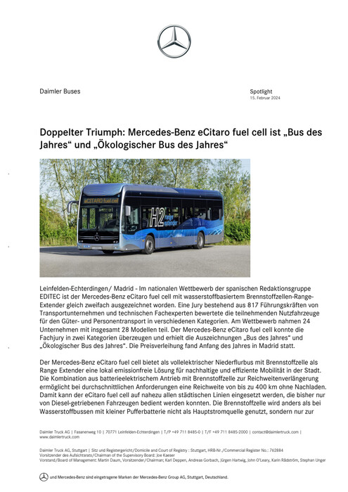 Doppelter Triumph: Mercedes-Benz eCitaro fuel cell ist „Bus des Jahres“ und „Ökologischer Bus des Jahres“