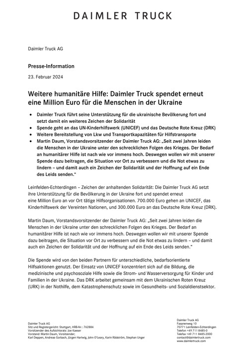 Weitere humanitäre Hilfe: Daimler Truck spendet erneut eine Million Euro für die Menschen in der Ukraine