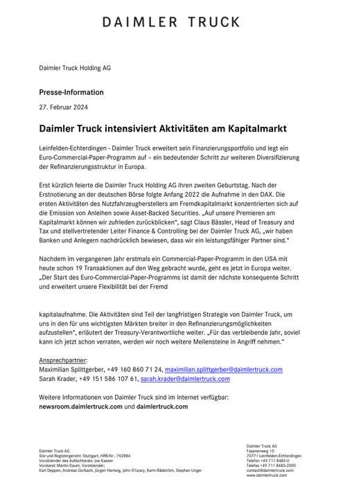 Daimler Truck intensiviert Aktivitäten am Kapitalmarkt
