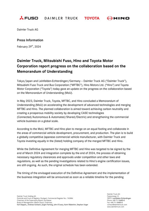 Daimler Truck, Mitsubishi Fuso, Hino and Toyota Motor Corporation report progress on the collaboration based on the Memorandum of Understanding