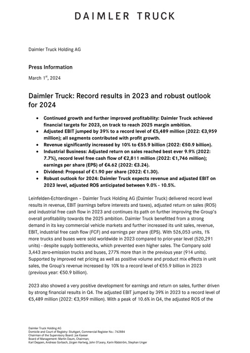 Daimler Truck: Record results in 2023 and robust outlook for 2024