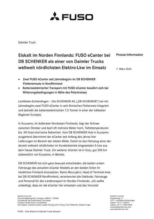 Eiskalt im Norden Finnlands: FUSO eCanter bei DB SCHENKER als einer von Daimler Trucks weltweit nördlichsten Elektro-Lkw im Einsatz